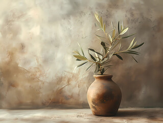 Oil Painting Olive Branch in Vessel Wall Art, vintage Canvas, generated ai - obrazy, fototapety, plakaty