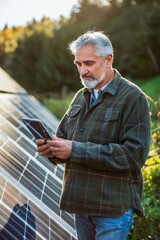 Senior Man Using Tablet to Monitor Solar Panels in Residential Garden at Dusk