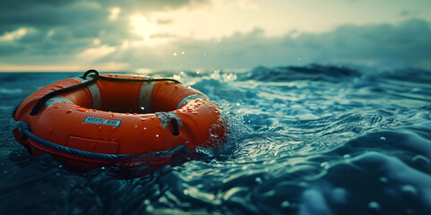 Lifebuoy adrift on ocean , a beacon of hope and safety in the vast expanse, Orange life preserver floating in sea's surface at sunset in background, rescue equipment floating in some water