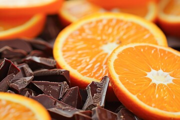 Juicy Sliced Oranges Resting on a Bed of Dark Chocolate Pieces