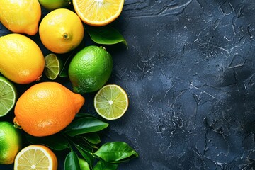 Assorted Citrus Fruits Arranged on a Dark Slate Background