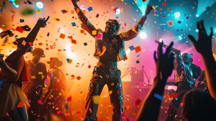 A man is jumping in the air with confetti falling around him. The scene is a party with people...