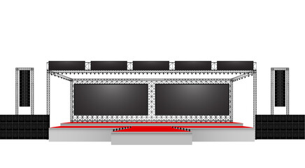 red stage and speaker with led screen on the truss system on the white background	