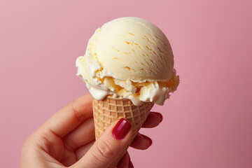 Female hand holding ice cream cone on pink background