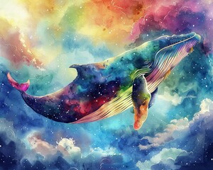 Serene and cute whale in watercolor, bright colors, floating amongst clouds on a sky background, conveying a sense of peace and tranquility