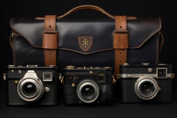 Vintage cameras and leather suitcase ideal for adventurous travelers and passionate photographers - obrazy, fototapety, plakaty