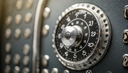 Close-up shot of a locker combination dial, capturing the tactile details of the textured surface and the precision of the numbers. Background - obrazy, fototapety, plakaty