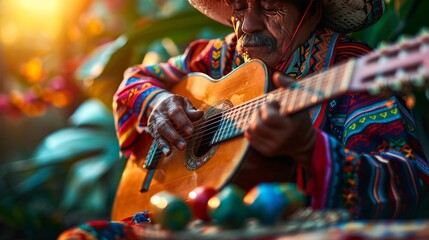Photo of a person in traditional attire, playing a guitar with passion, a sombrero tilted on their head, maracas lying on a nearby table - obrazy, fototapety, plakaty