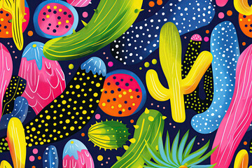 Modern abstract background in bright color. Bright abstract shapes. Cartoon exotic fruits, plants and flowers. African motifs - 781824351