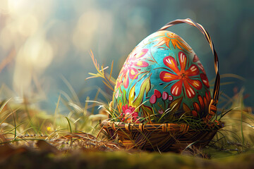 Easter eggs painted in a basket on green grass - 781824355