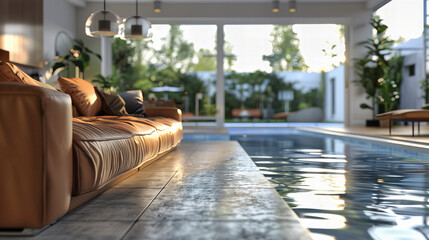 Outdoor Luxury Poolside Living Space, Modern Home Architecture, Elegant and Relaxing Backyard