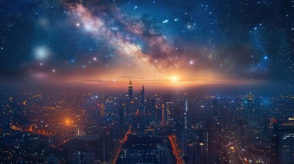 A sprawling cityscape is bathed in the ethereal glow of a starry night sky, the mesmerizing beauty of urban lights. Aerial high view. Generative AI.