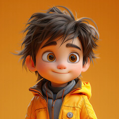 Animated character 3D image of a dark-haired teenager with tousled hair, brown big eyes, wearing a yellow jacket - 781824505