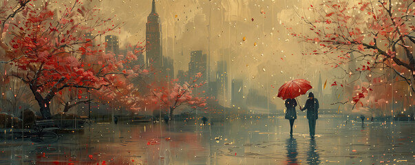 Rain in the city. People walk under an umbrella. Streams of rain on the glass. - 781824520