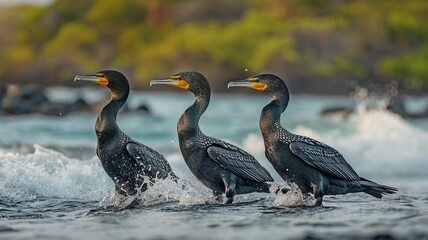 Galapagos cormorants stroll along the ocean. - obrazy, fototapety, plakaty