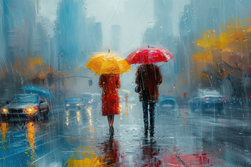 Rain in the city. People walk under an umbrella. Streams of rain on the glass.