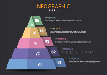 Vector infographic on black gray background. Triangles arranged with 5 layers of ribbons to present plans, reports, workflows, achievements in finance, banking and education.