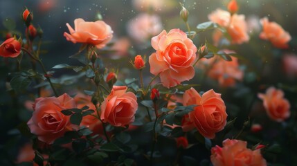 Obraz premium Delicate garden of blooming orange roses with a soft bokeh effect, highlighting the beauty of nature
