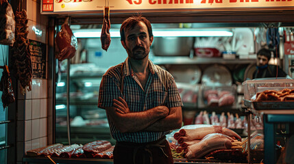  A man standing in front of his meat shop.