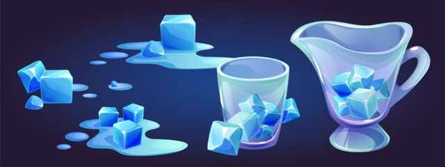 Naklejka premium Ice cube melt in water cartoon icon illustration. Glass container for frozen square icecube clipart set. Cold jug and cup with melting liquid puddle element. Science experiment with freezing piece