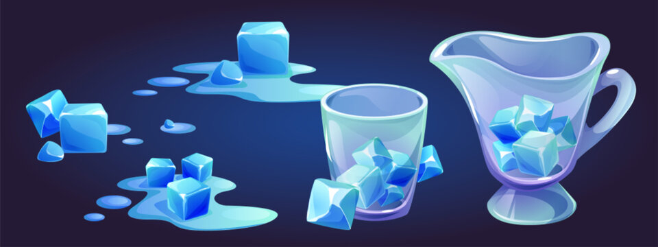 Ice cube melt in water cartoon icon illustration. Glass container for frozen square icecube clipart set. Cold jug and cup with melting liquid puddle element. Science experiment with freezing piece
