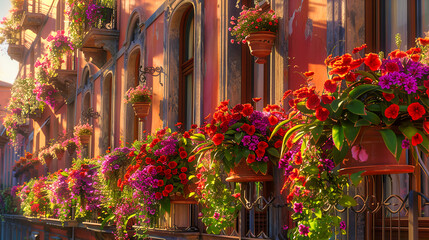 Fototapeta na wymiar Picturesque Italian Window, Floral Beauty in Historic Town, Mediterranean Summer Elegance