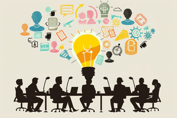 Conceptual Meeting with Creative Mind Map - A conceptual business meeting with silhouetted figures and a creative mind map composed of lightbulb illustrations and symbols.