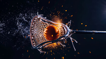  Lacrosse ball caught mid-air with a sparkling splash. - obrazy, fototapety, plakaty