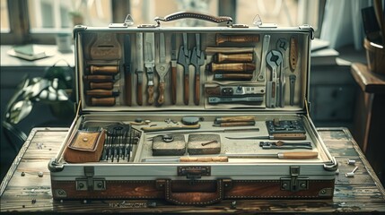 A briefcase filled with tools, razor blades, sandpaper, a masonry brick, pliers, and more. The briefcase is open. Generative AI.