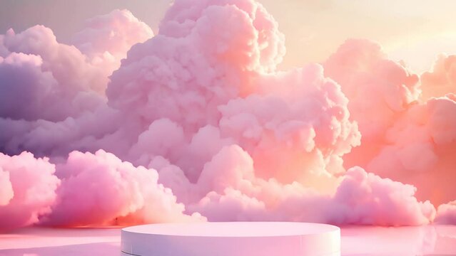 A pink cloud filled sky with a pedestal in the middle. The clouds are fluffy and pink, creating a dreamy and whimsical atmosphere