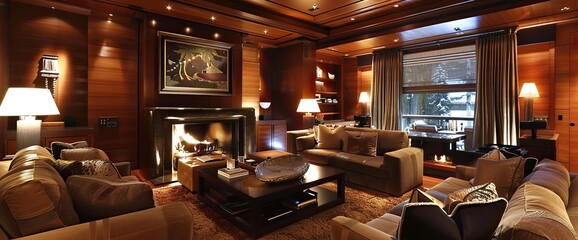 Luxury Den and Living Room with fireplace - obrazy, fototapety, plakaty