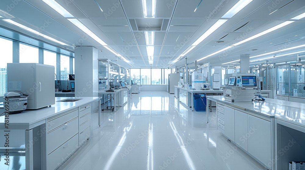 Aufkleber a modern lab with white and blue accents. high end lab equipment sits on work tables in the center o