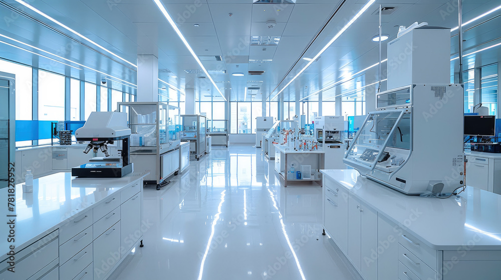 Aufkleber a modern lab with white and blue accents. high end lab equipment sits on work tables in the center o