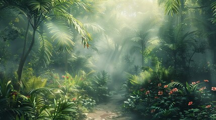 Captivating image of a tranquil tropical forest, with muted tones enhancing the allure of towering trees and lush foliage. - obrazy, fototapety, plakaty