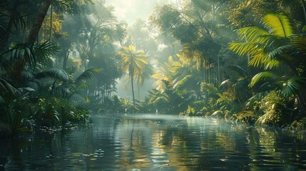 Captivating image of a tranquil tropical forest, with muted tones enhancing the allure of towering trees and lush foliage. - obrazy, fototapety, plakaty