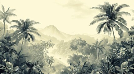 Fototapeta na wymiar Tropical paradise in muted tones, featuring majestic trees and lush foliage creating a serene and tranquil atmosphere.