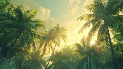 Tranquil scene of tropical paradise, with muted tones accentuating the beauty of towering palm trees against a soft sky. - obrazy, fototapety, plakaty