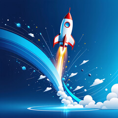 Illustration of rocket in space, abstract growth graph chart with launch rocket on technology blue background, startup and success building business concept, generative AI 