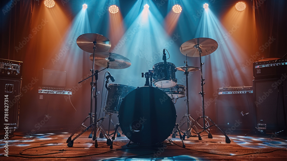 Poster Drums on a stage illuminated by stage lights and spotlights. Generative AI.