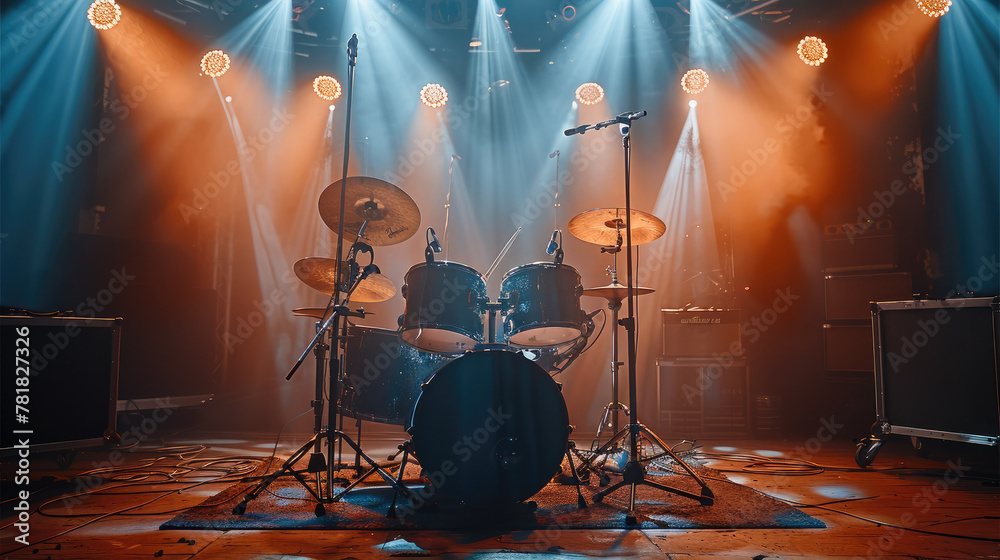 Poster Drums on a stage illuminated by stage lights and spotlights. Generative AI.
