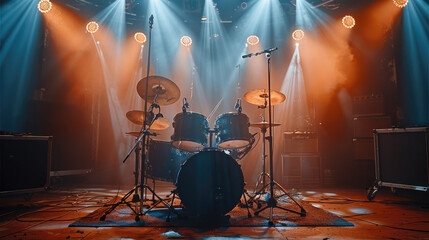 Drums on a stage illuminated by stage lights and spotlights. Generative AI.