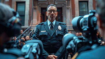 A police chief is seen giving a statement on the steps of the police headquarters to many news reporters and cameras. Generative AI.
