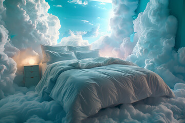 Cozy large double steel bed with bedside table and lamp soft white fluffy linen and filler like clouds are shrouded in a bedroom. The concept of sweet sound sleep at home.