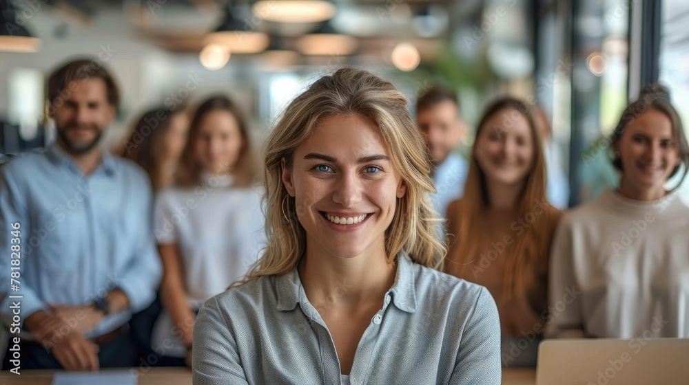 Poster A group of happy people are depicted in an office setting, standing and sitting behind their desks, all smiling at the camera. Generative AI.