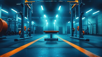 A dark blue and orange bodybuilding training camp. Generative AI.