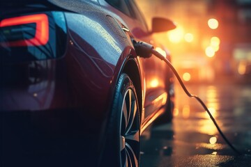 A car is charging its battery in the rain