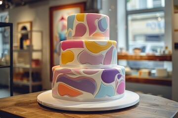 Modern, minimalist wedding cake with a bold, edible geometric pattern in pastel shades, displayed in a contemporary art gallery space.