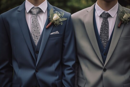 Two anonymous men in suits and ties stand next to each other, one of them holding a rose