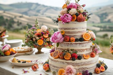 A rustic, eco friendly cake features vegan, gluten free tiers, adorned with seasonal fruits and flowers in a countryside setting.