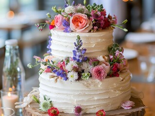 Rustic, eco friendly wedding cake with vegan, gluten free layers, adorned with organic, edible flowers and a simple, burlap ribbon.